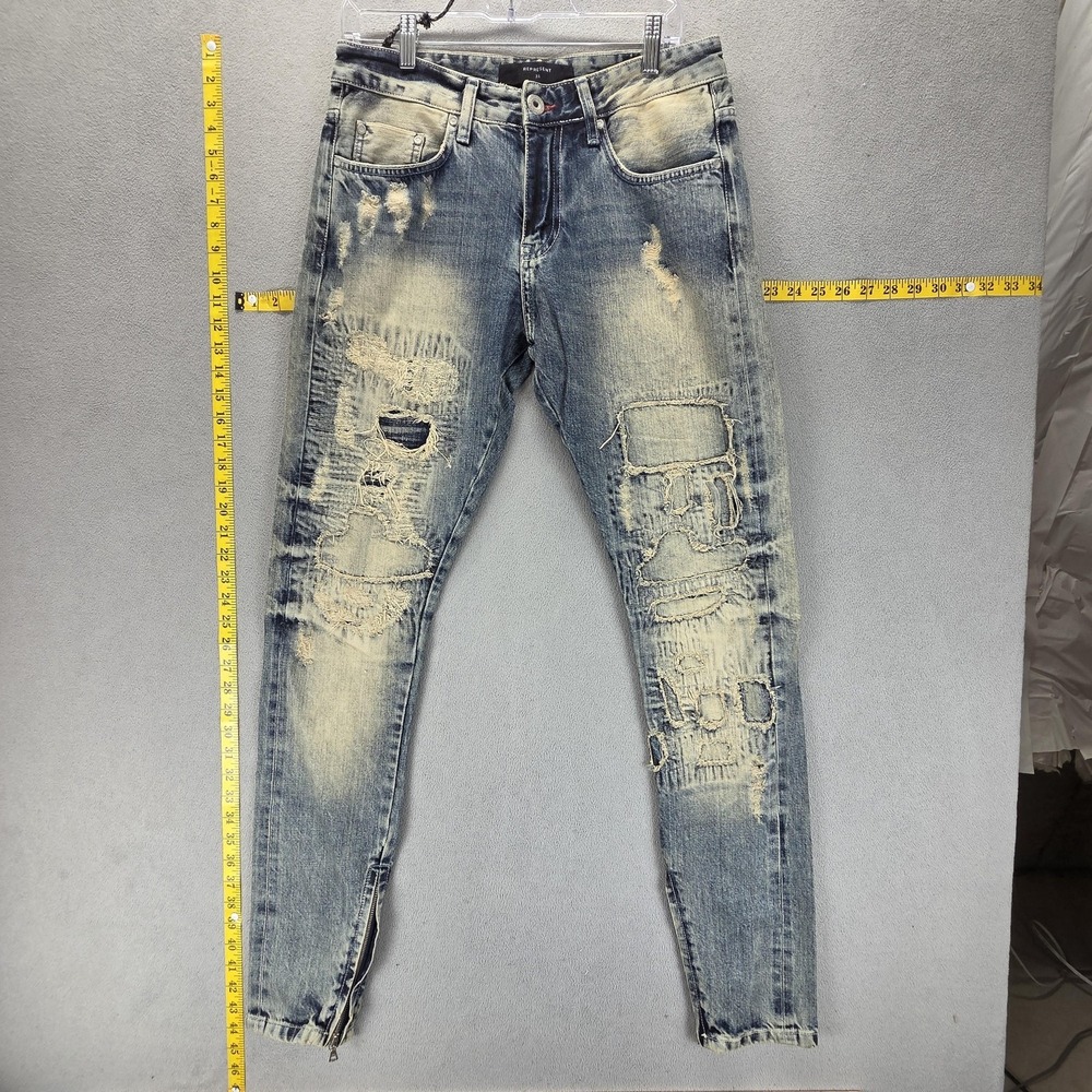 Selvedge Jeans Mens 31x34 Blue Thrashed Destroyed Patchwork Represent Denim
